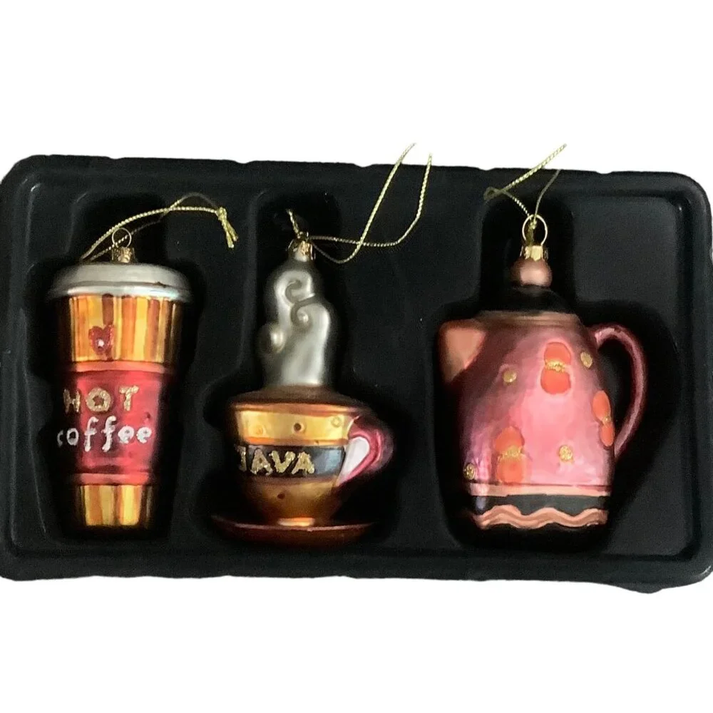 Coffee Themed Glass Ornaments Set of‎ 3 Semi-Vintage Java Mug Cup Hot Coffee Pot